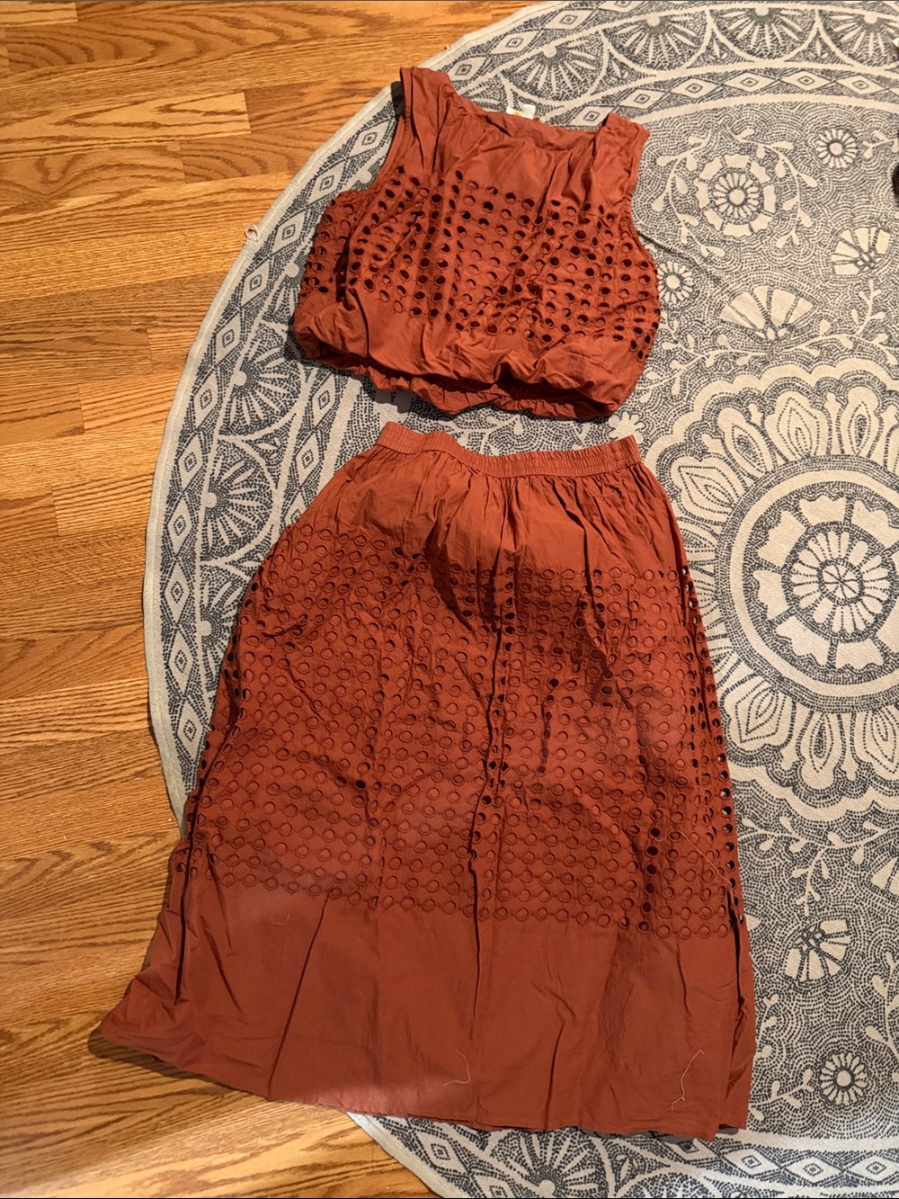 Women's Two-Piece Eyelet Skirt Set in Rust